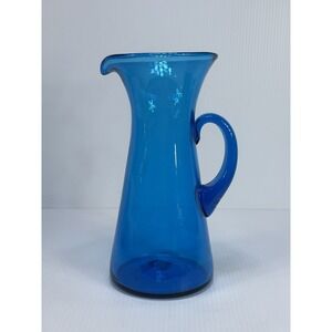 Vintage Large Empoli Italian Blue Hand-Blown Art Glass Pitcher MCM 11.5" Tall
